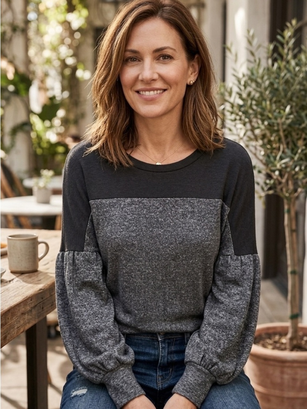 Saturday Sunday | Anthropologie | Grey and Black Knit Top with Balloon Sleeves